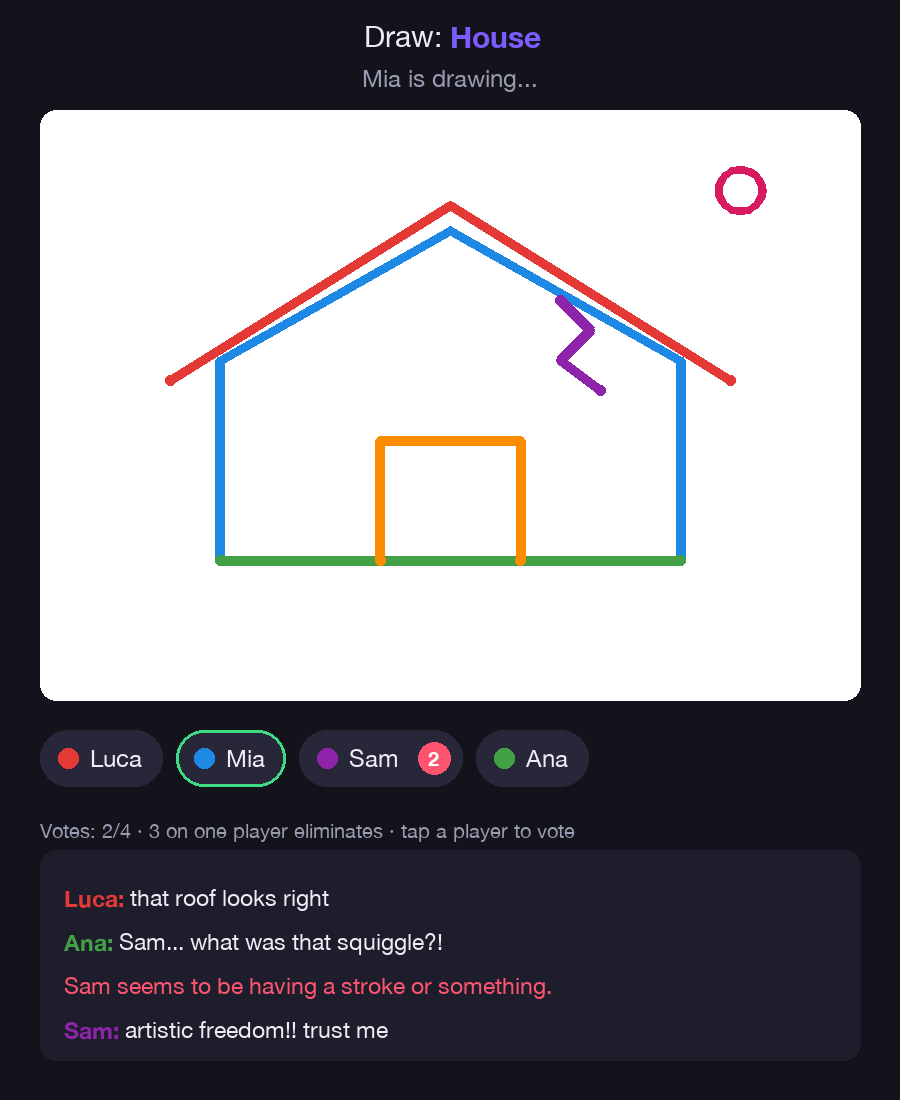 Impaintor gameplay: players take turns drawing a house while voting to find the impostor