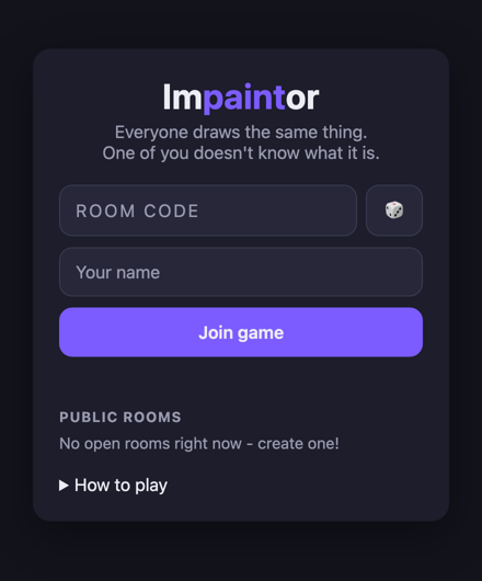 Impaintor join screen: enter a room code and name to play